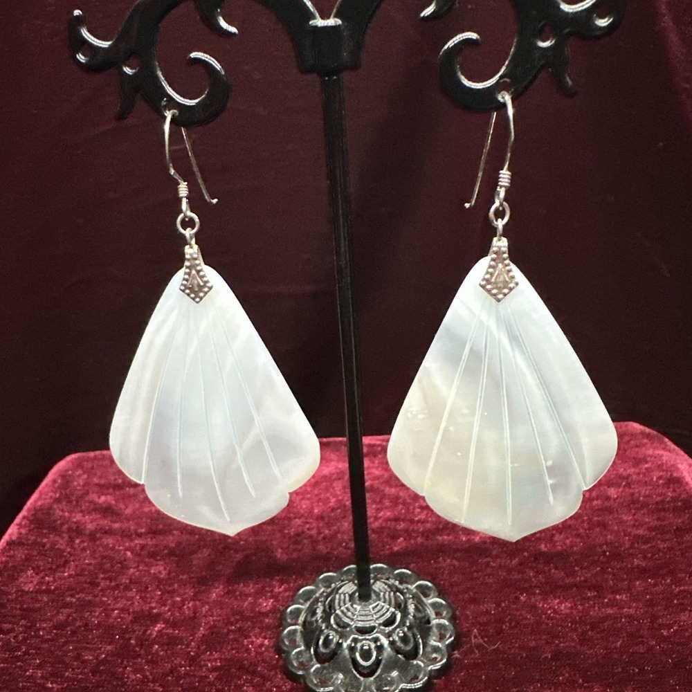 Mother Of Pearl Shell Sterling Large Dangle Earrings Feathers Vtg 80s 90s